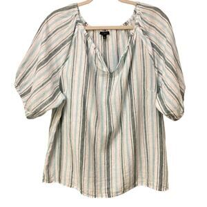 Talbots Linen Popover Shirt Breezy Stripe Robin's Egg Blue White Gray Size XL